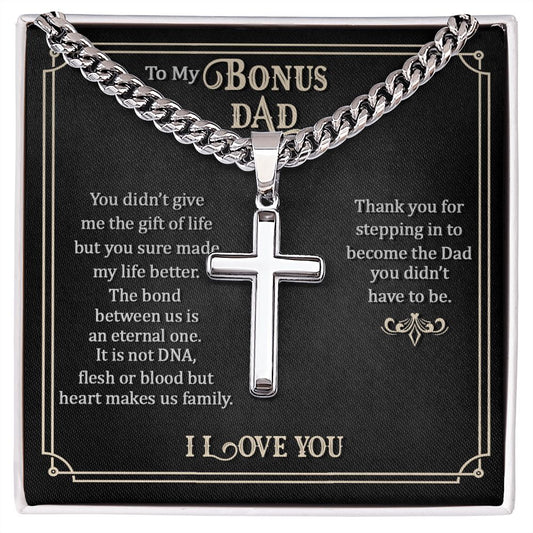 To my Bonus dad Personalized Cross Necklace with Cuban Chain-FashionFinds4U