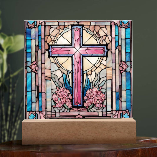Holy Cross Stained Glass Look Lighted Acrylic Plaque Gift