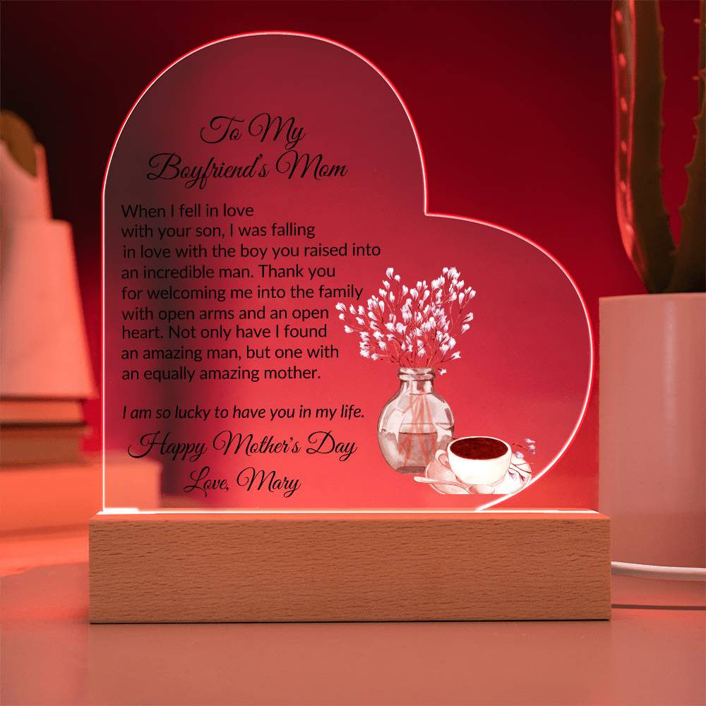 Boyfriends Mom Acrylic Heart Plaque with 2 Lines Personalized Text
