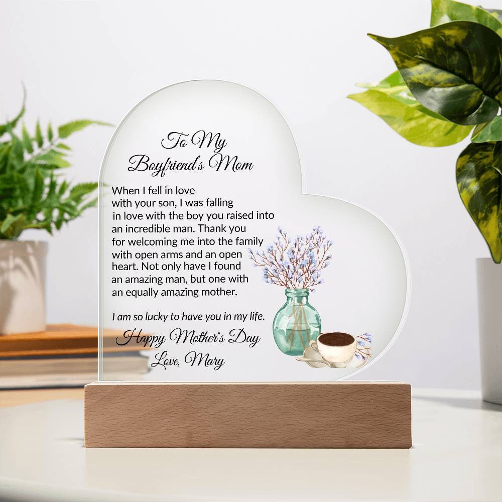 Boyfriends Mom Acrylic Heart Plaque with 2 Lines Personalized Text