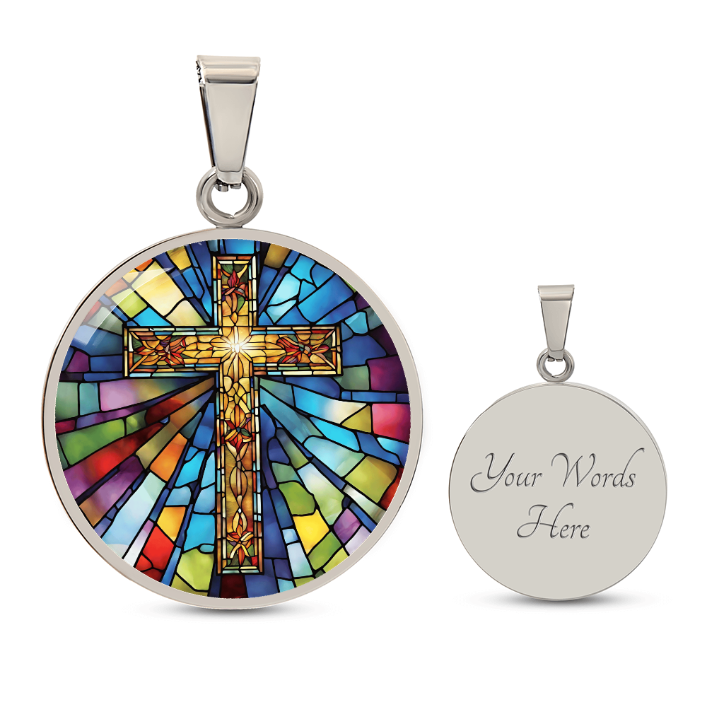 Stained Glass Effect Cross Engraved Necklace