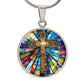 Stained Glass Effect Cross Engraved Necklace
