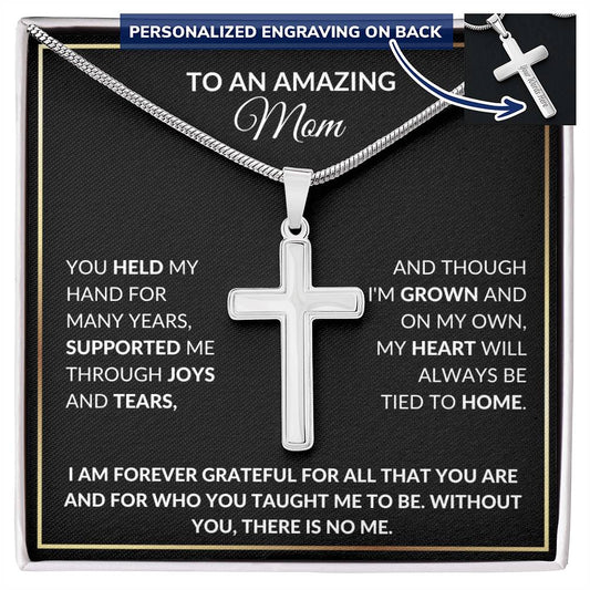 Mom Engraved Cross Necklace
