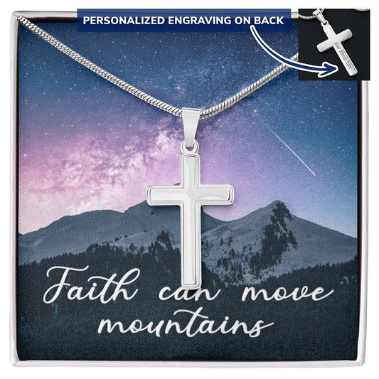Faith Can Move Mountains Engraved Cross Necklace
