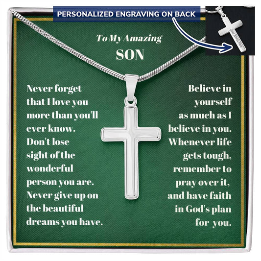 Son Engraved Personalized Cross Necklace Gift