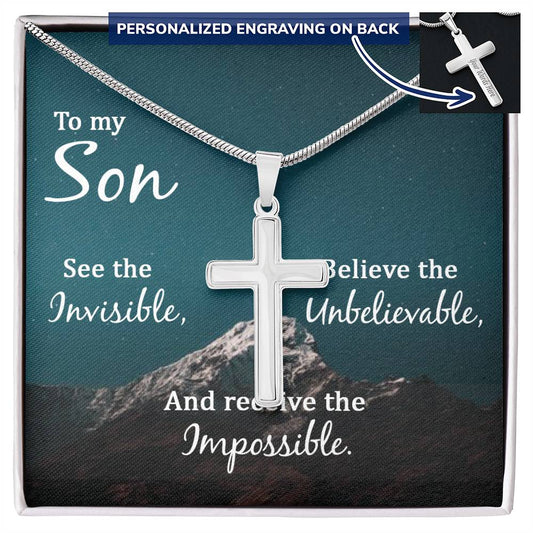 Son Faith Believe Engraved Cross Necklace