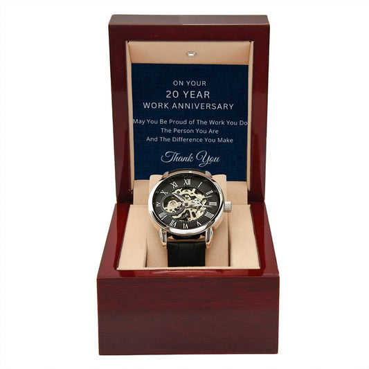 20 Year Work Anniversary Gift - Men's Mechanical Watch with LED Gift Box