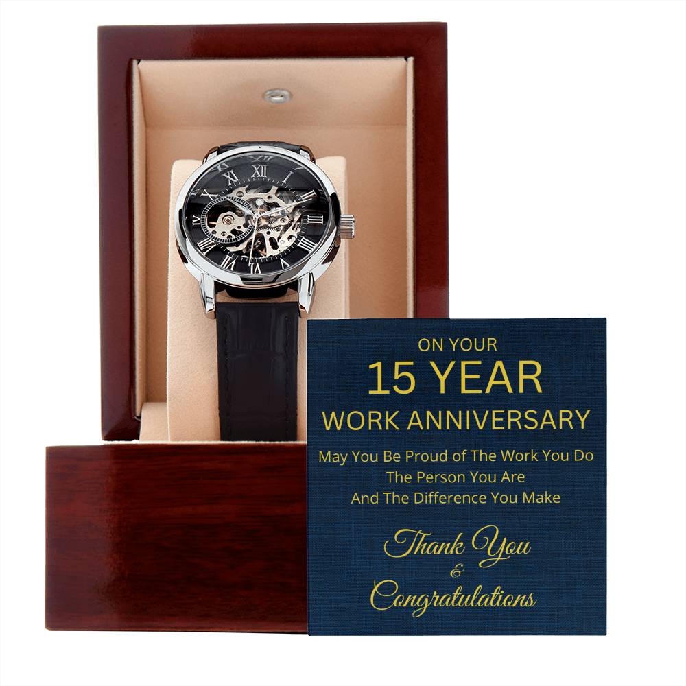 15 Year Work Anniversary Gift Men's Mechanical Watch with LED Gift Box