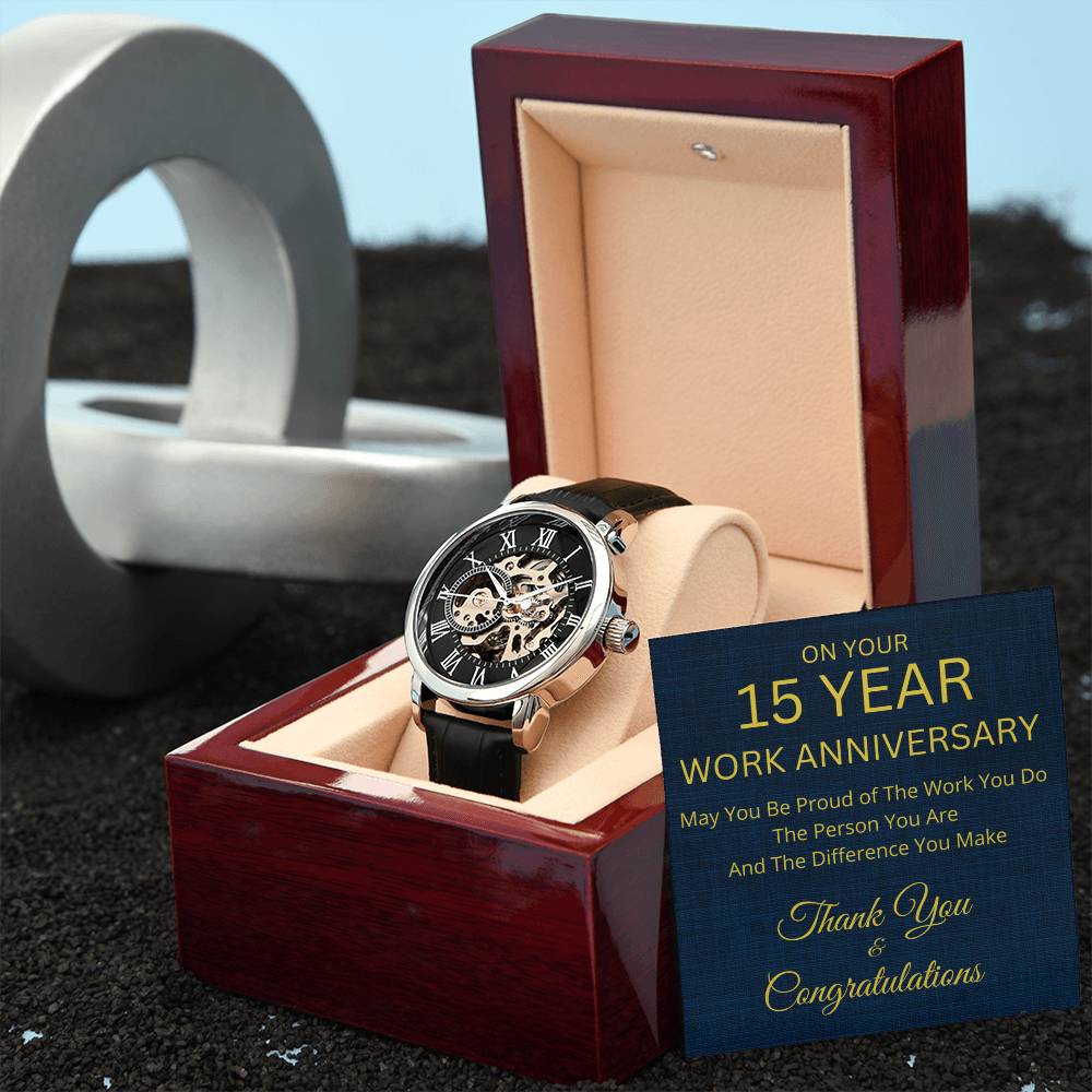 15 Year Work Anniversary Gift Men's Mechanical Watch with LED Gift Box