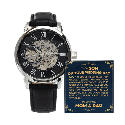 To Our Son on Your Wedding Day Men's Openwork Watch with Lighted Gift Box-FashionFinds4U