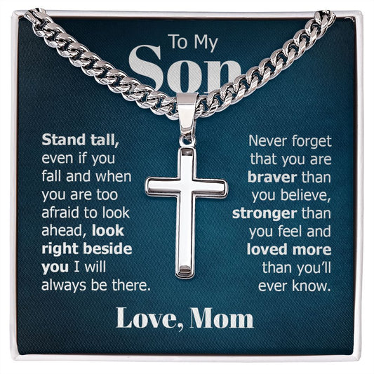 to my son - stand tall even if you fall Personalized Cross Necklace with Cuban Chain-FashionFinds4U