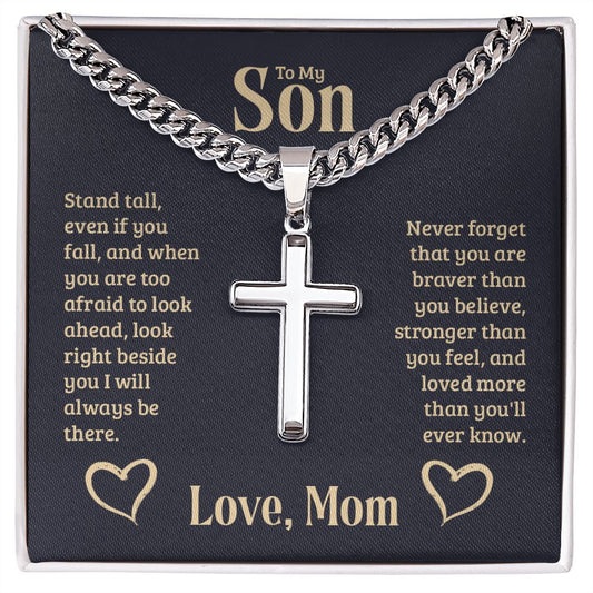 To-My-Son-Stand-tall Personalized Cross Necklace with Cuban Chain-FashionFinds4U