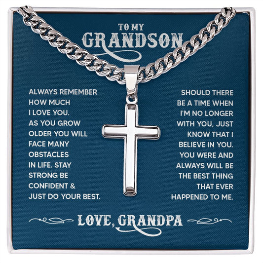 To My Grandson - Always remember how much I love you Personalized Cross Necklace with Cuban Chain-FashionFinds4U