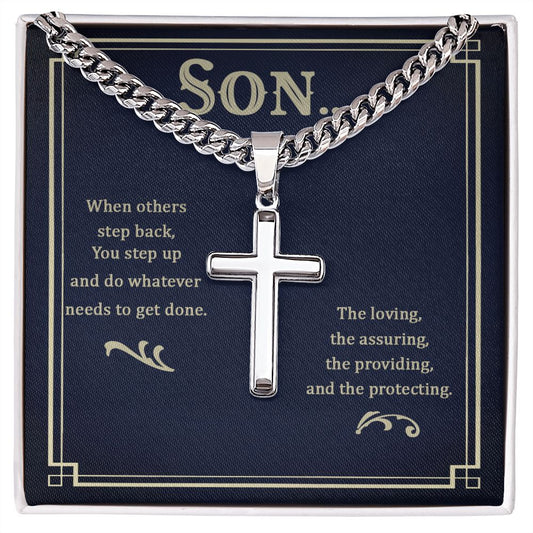 Son when others step back Personalized Cross Necklace with Cuban Chain-FashionFinds4U