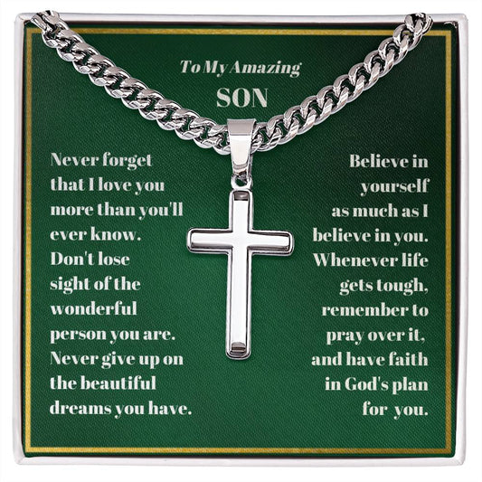 Son Personalized Cross Necklace on Cuban Chain