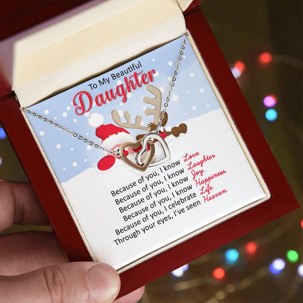 Santa and Reindeer Christmas Gift Necklace for Daughter - Personalized Card