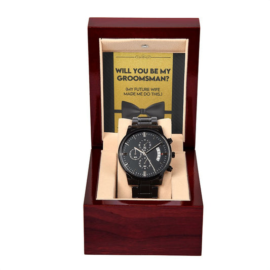 Wedding - Groomsman 2 Black Chronograph Watch with Lighted Gift Box-FashionFinds4U
