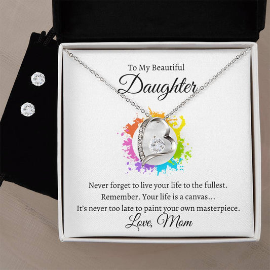 Daughter Life Is A Canvas Heart Necklace and Earring Set