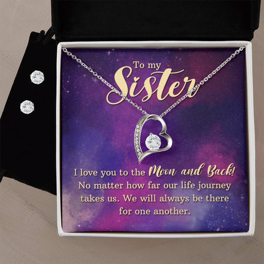 Sister Love You To The Moon and Back Heart Necklace and Earring Set
