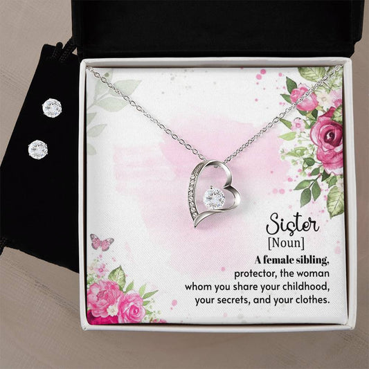 Sister Noun Heart Necklace and Earring Set