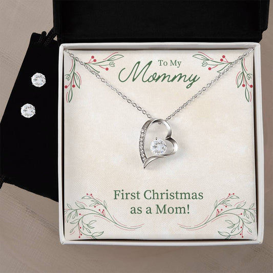 Mom First Christmas Heart Necklace and Earring Set
