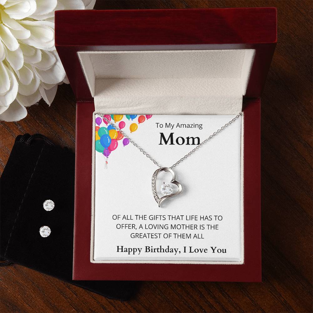 Happy Birthday Mom Heart Necklace and Earring Set