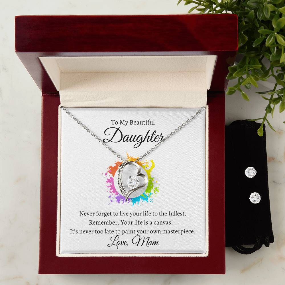 Daughter Life Is A Canvas Heart Necklace and Earring Set