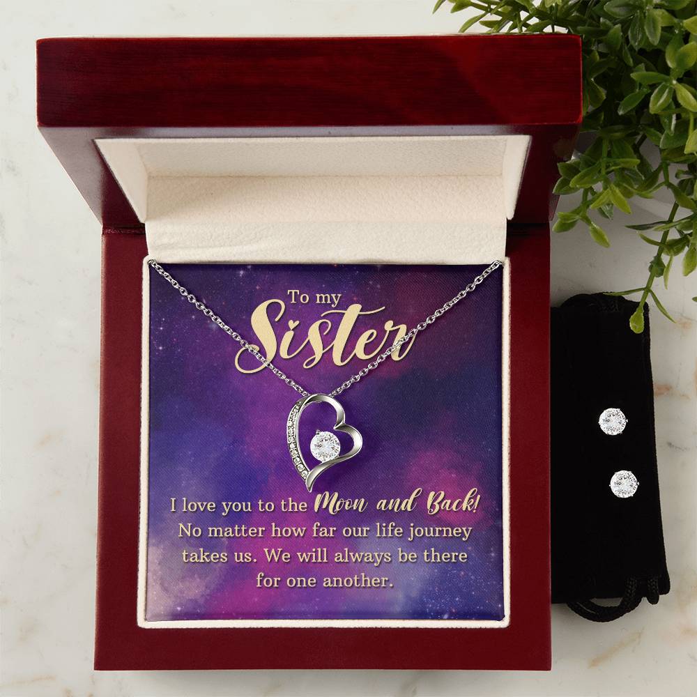 Sister Love You To The Moon and Back Heart Necklace and Earring Set