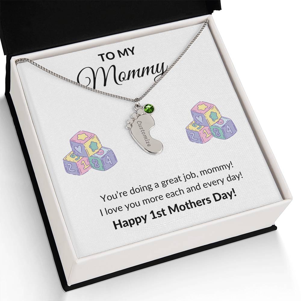 Happy First Mother's day Engraved Baby Feet Birthstone Necklace Gift