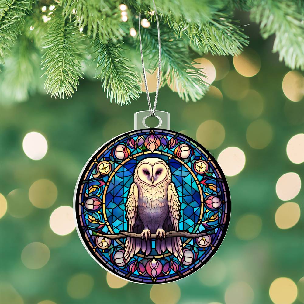 Snowy Owl Stained Glass Christmas Tree Ornament