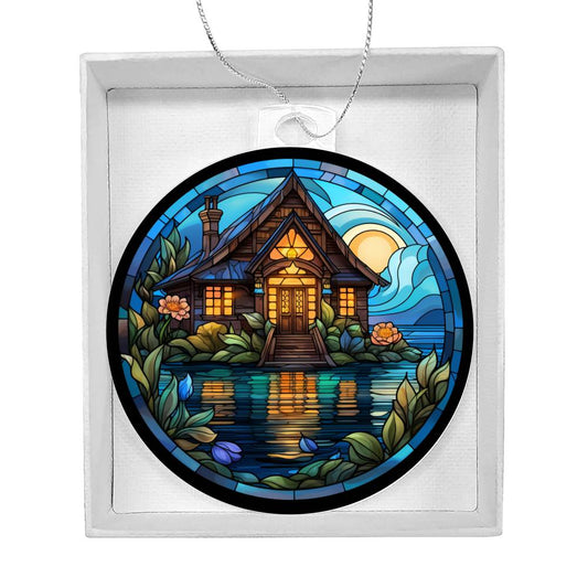Lake House Stained Glass Christmas Ornament
