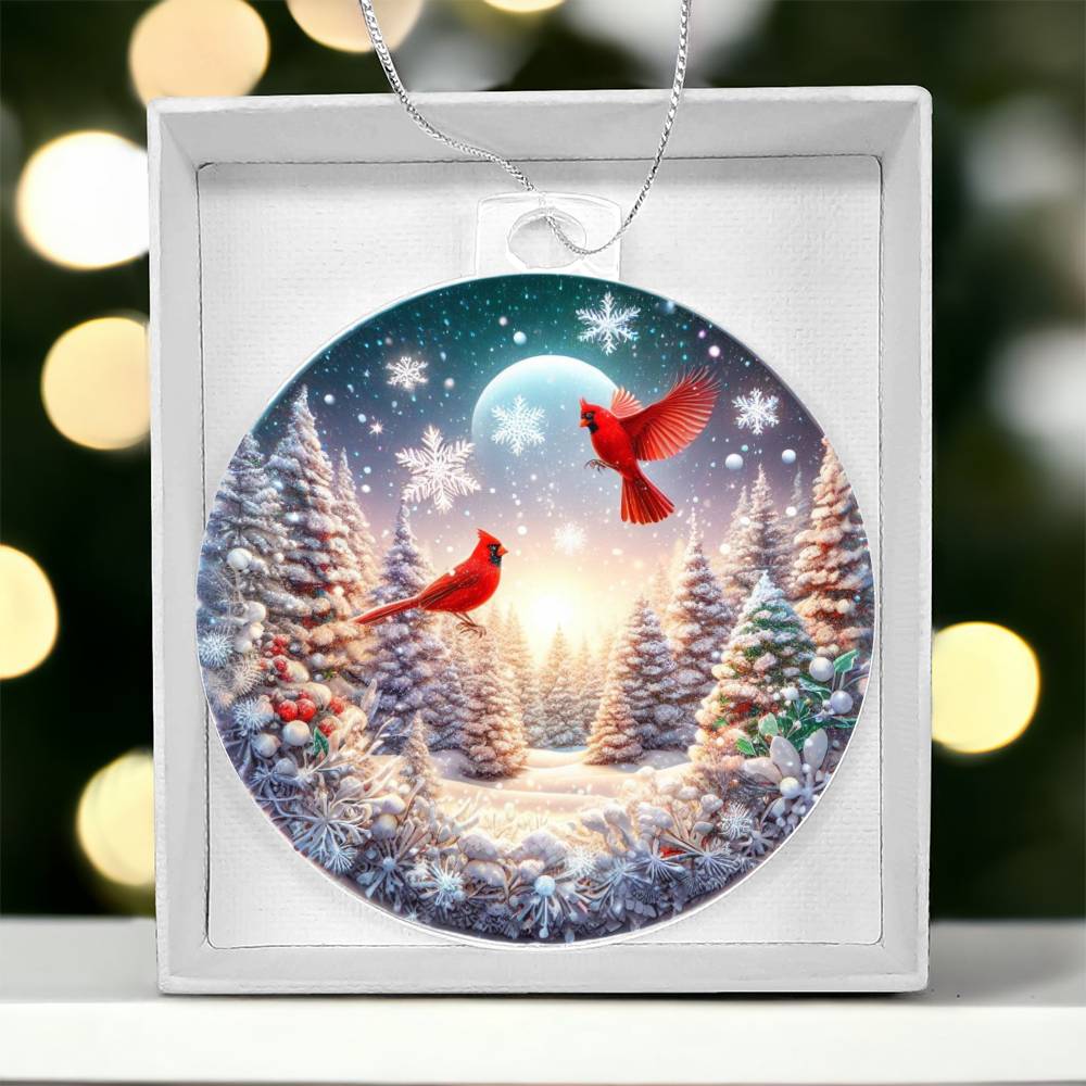 Cardinals in Winter Wonderland Acrylic Christmas Ornament