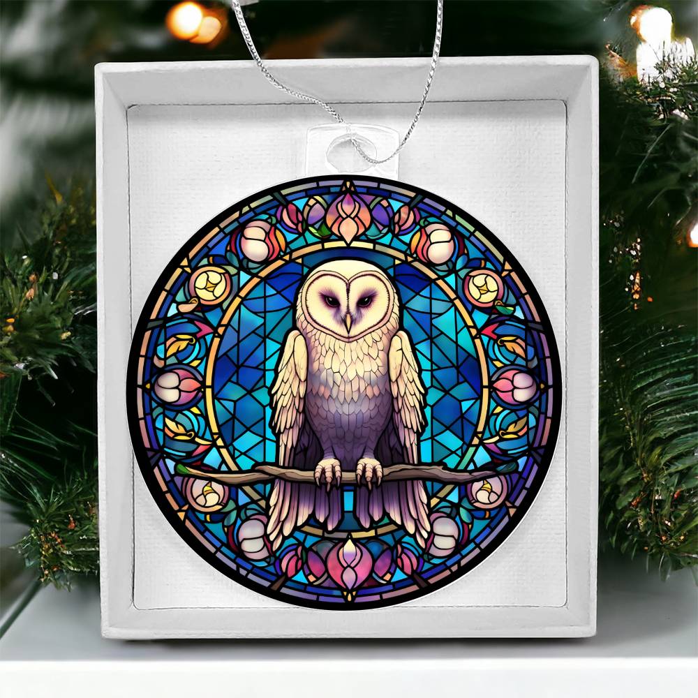 Snowy Owl Stained Glass Christmas Tree Ornament