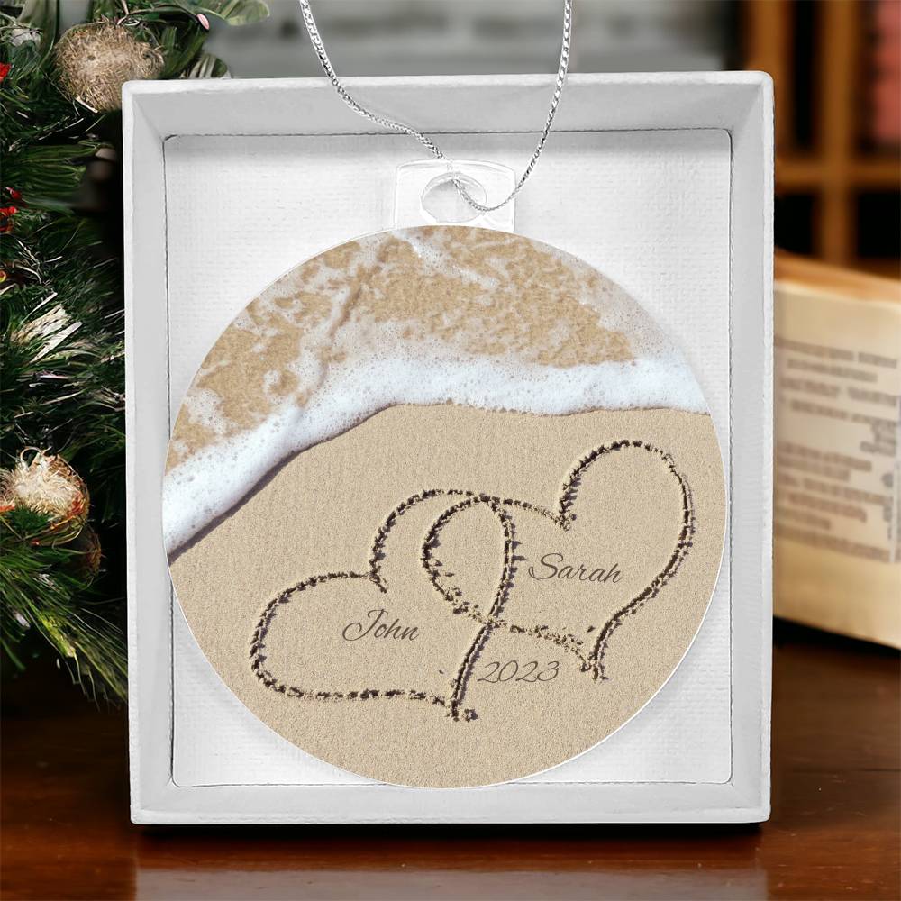 Personalized Names Beach Hearts Christmas Tree Ornament