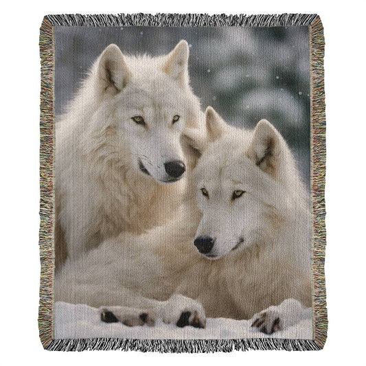 Two Wolves In Snow Woven Tapestry Blanket