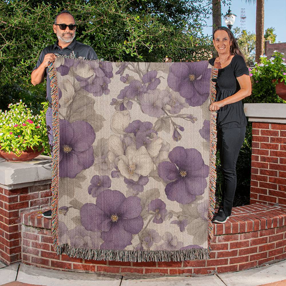 February Birth Month Flowers Violets and Primrose Floral Woven Blanket