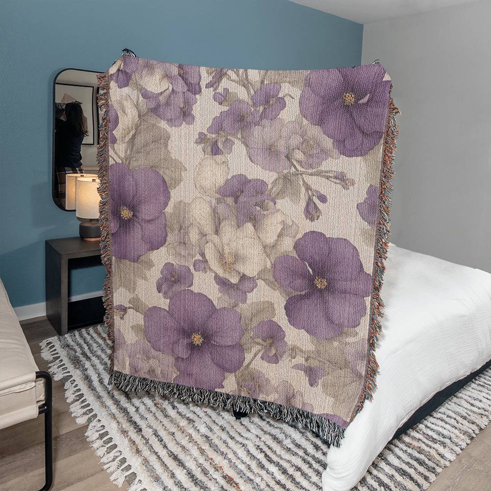 February Birth Month Flowers Violets and Primrose Floral Woven Blanket
