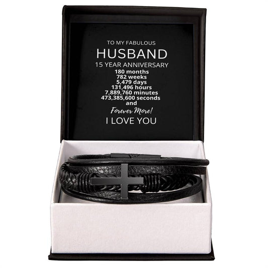 Husband 15 Year Anniversary Mens Cross Bracelet