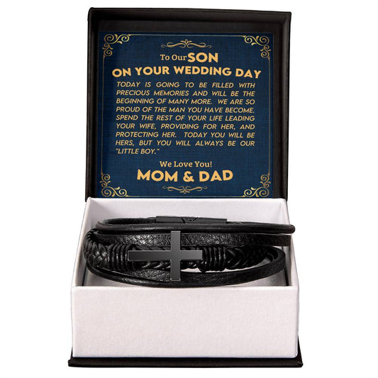 To Our Son on Your Wedding Day Mens Cross Bracelet