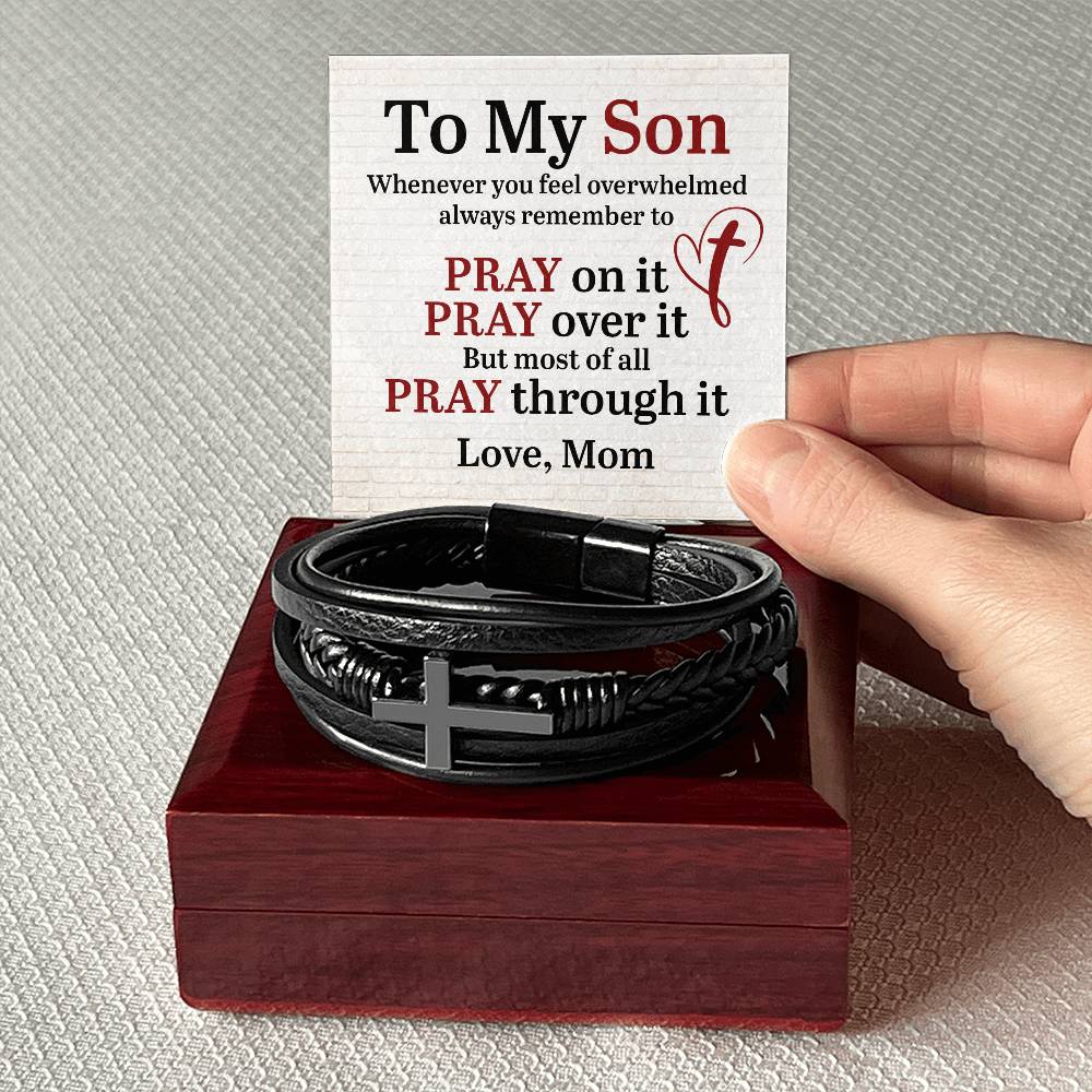 Son Pray on It Over It and Through It Men's Cross Bracelet