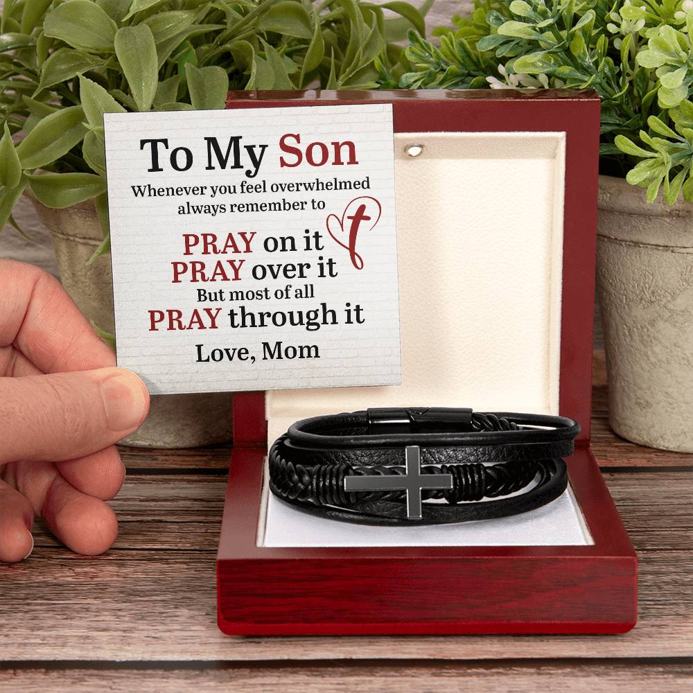 Son Pray on It Over It and Through It Men's Cross Bracelet