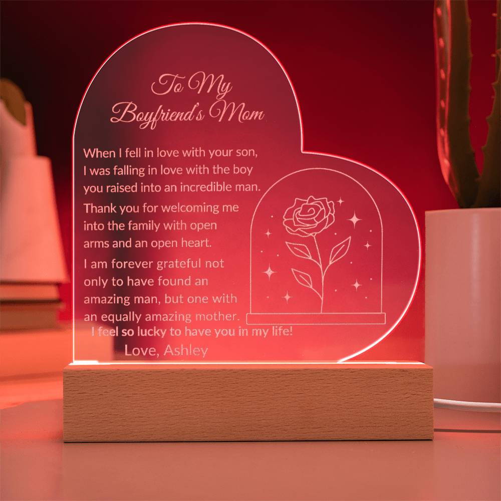 Boyfriends Mom Engraved Acrylic Heart Plaque Gift