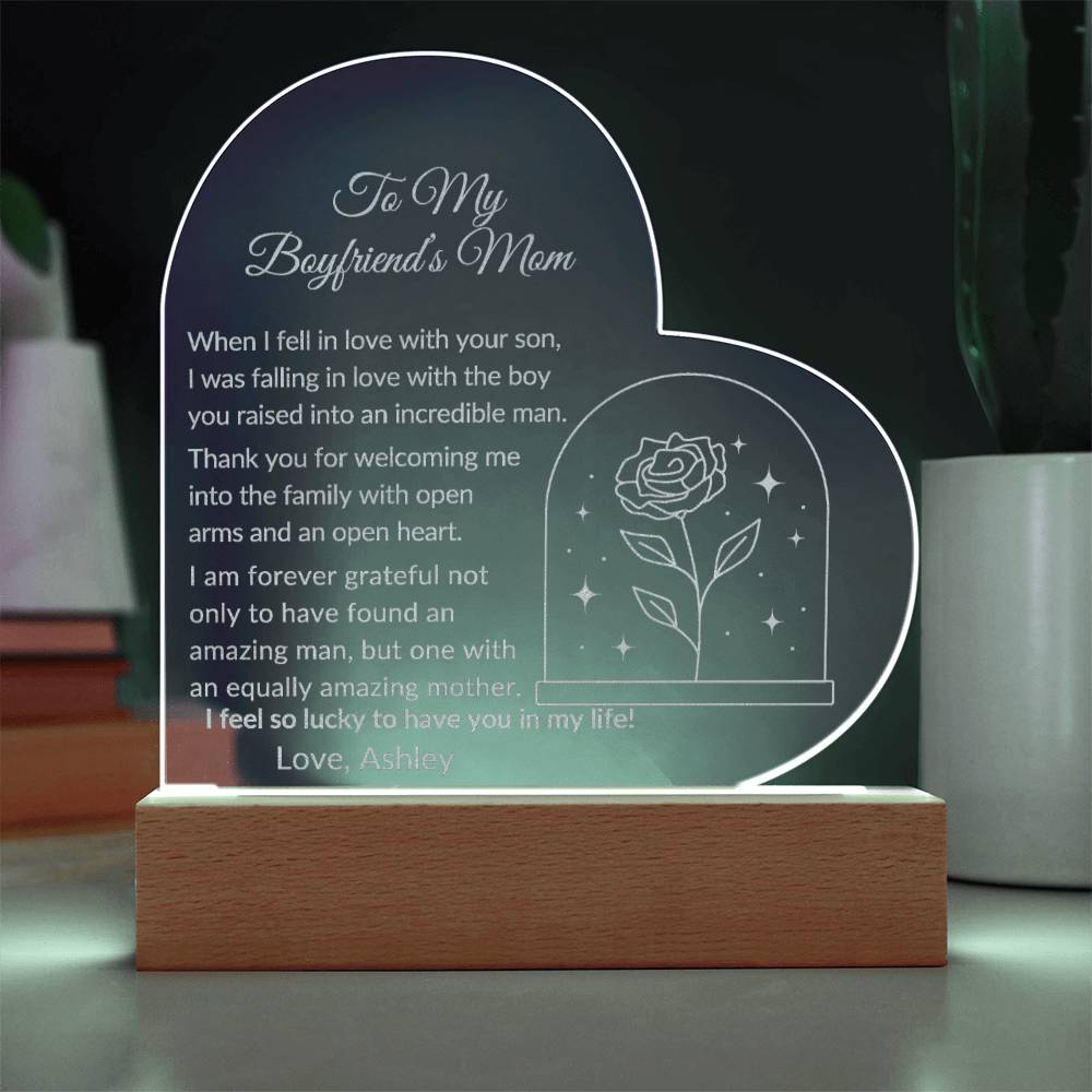 Boyfriends Mom Engraved Acrylic Heart Plaque Gift