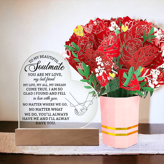 To My Soulmate Heart Plaque Gift with Paper Flower Bouquet for Wife Girlfriend or Husband