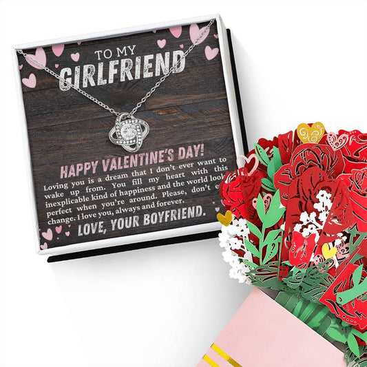 Girlfriend Valentines Day Knot Necklace & Paper Flower Bouquet Gift