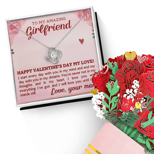 Girlfriend Valentines Day Knot Necklace & Paper Flower Bouquet Gift