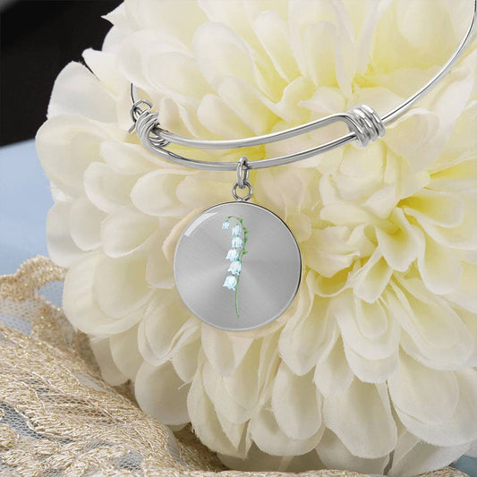 May Birth Flower Lily of The Valley Engraved Bangle Bracelet