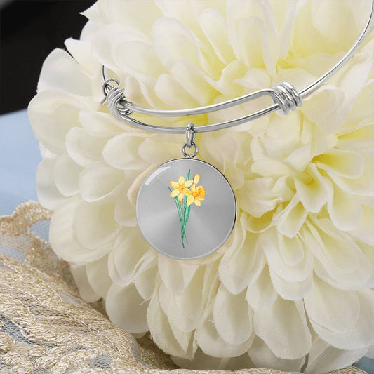 March Birth Flower Daffodil Engraved Bangle Bracelet