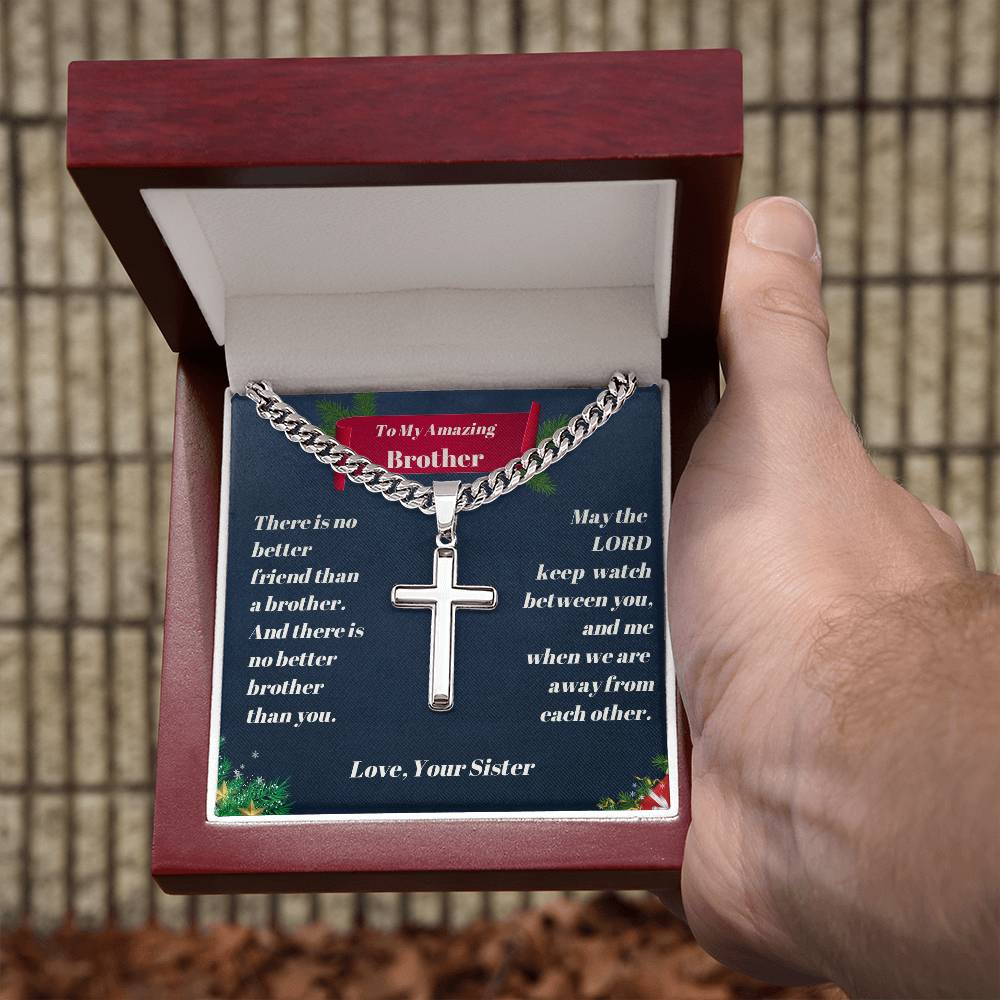 Brother - Christmas-  Personalized Cross Necklace on Cuban Chain