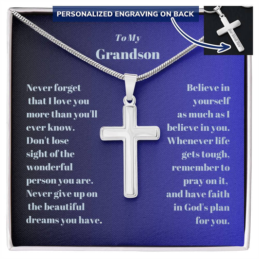 Engraved Cross Necklace for Grandson